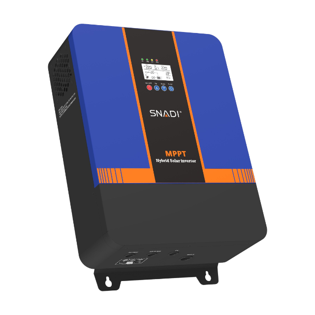 Bottom perspective of the SNADI NKM series low frequency inverter showing AC input/output, PV, and battery connection ports.