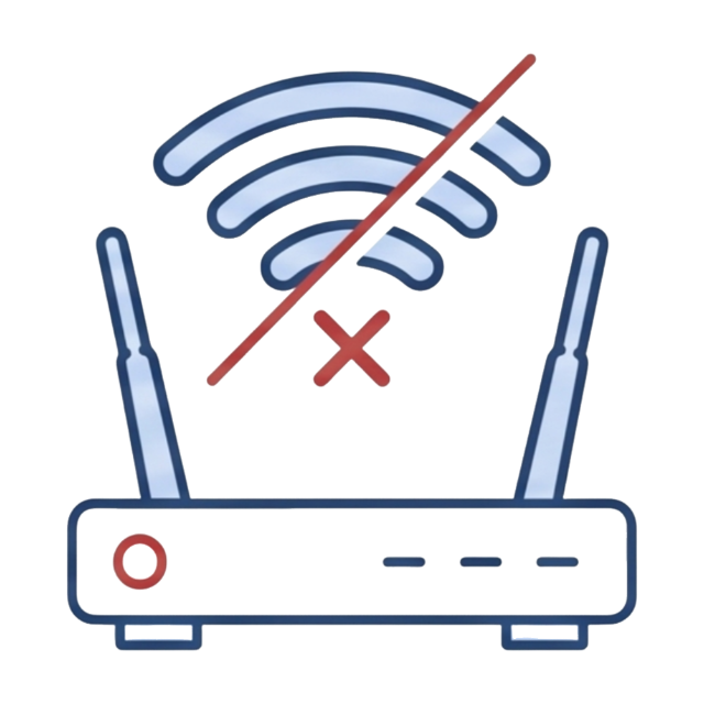 Ícono de un enrutador Wi-Fi con un símbolo de señal desconectada, que representa la pérdida de conectividad a Internet durante un corte de energía.
