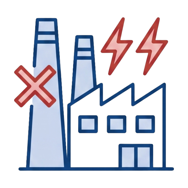 رمز مصنع صناعي به صواعق وصليب أحمر، يوضح كيف يؤدي انقطاع التيار الكهربائي المفاجئ إلى شل خطوط الإنتاج والعمليات.