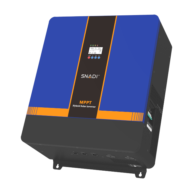 Side perspective of the SNADI NKM 10KW inverter highlighting the RS485 communication port for LiFePO4 battery compatibility.