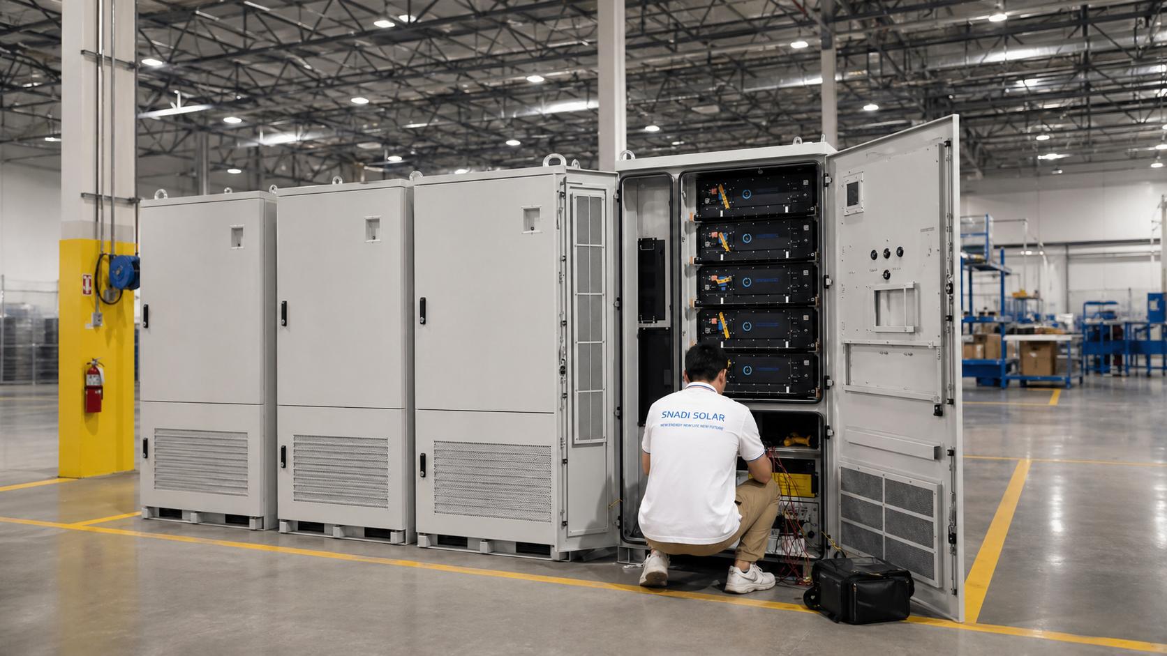 Técnico profesional de SNADI SOLAR realizando mantenimiento y controles de calidad en un armario de almacenamiento de energía industrial de gran tamaño.