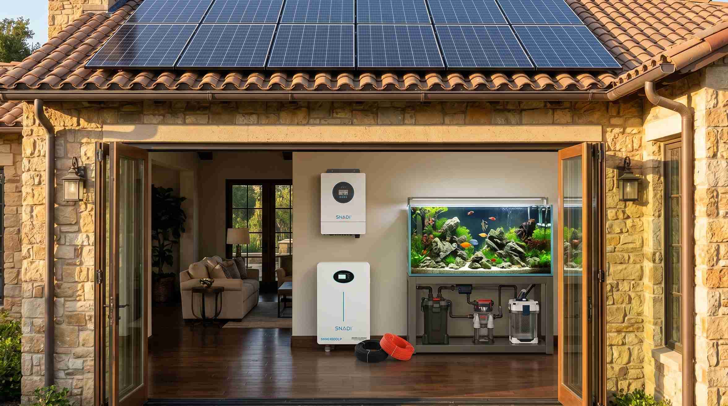 Inversor de fase dividida SNADI de 10 kW y sistema de almacenamiento de energía con batería de litio de 48 kWh instalado en una casa de lujo, que proporciona energía de respaldo para cargas críticas como un acuario.