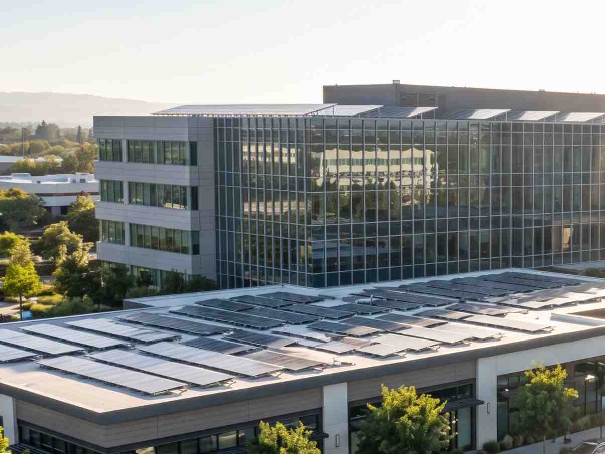 Complejo comercial sostenible con paneles solares en la azotea y garajes para carga de vehículos eléctricos con energía solar en un moderno entorno de oficinas y hotel.