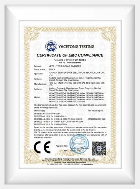 Certificado de Cumplimiento EMC para Inversor Solar Híbrido SNADI MPPT según Directiva 2014/30/UE.