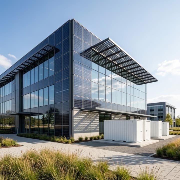 Moderno edificio comercial con fachada de edificio fotovoltaico integrado (BIPV) y sistemas de almacenamiento de energía en baterías en contenedores SNADI SNAT Solar para energía industrial sostenible.