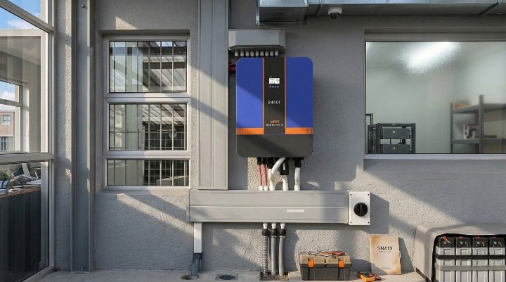 Inversor solar híbrido SNADI de alta potencia instalado en un ambiente semi exterior.