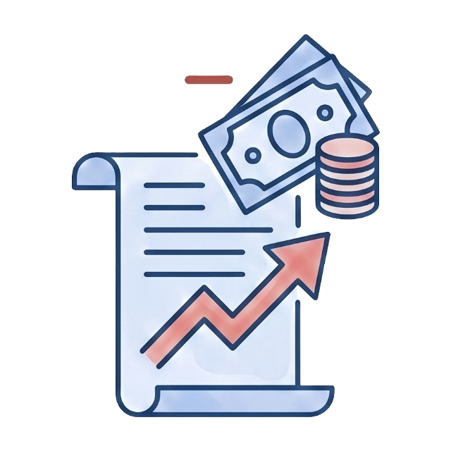 Ícono minimalista de una factura de electricidad en aumento con efectivo y monedas, que representa la carga financiera de los altos costos de servicios públicos que se resuelven con energía solar fuera de la red.