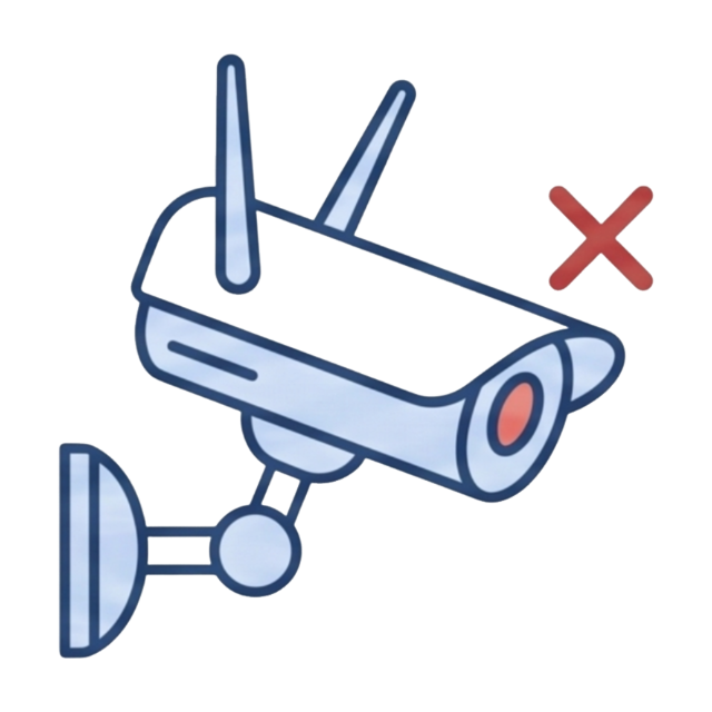 Ícono de cámara de seguridad minimalista con una cruz roja que indica una falla del sistema de seguridad del hogar durante un corte de energía nocturno.