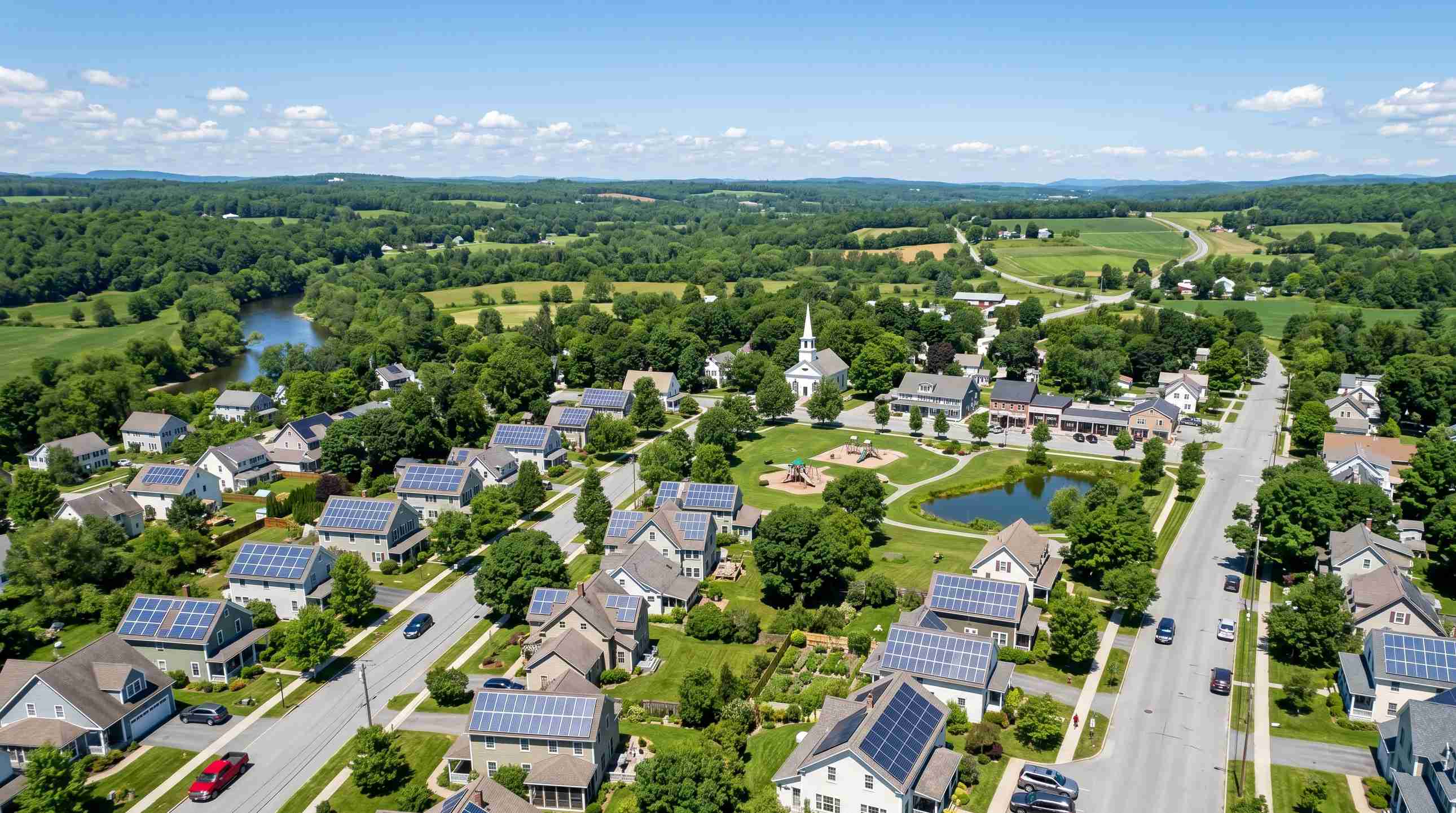 Vida sostenible: Vista aérea de un una aldea estadounidense con energía solar | 