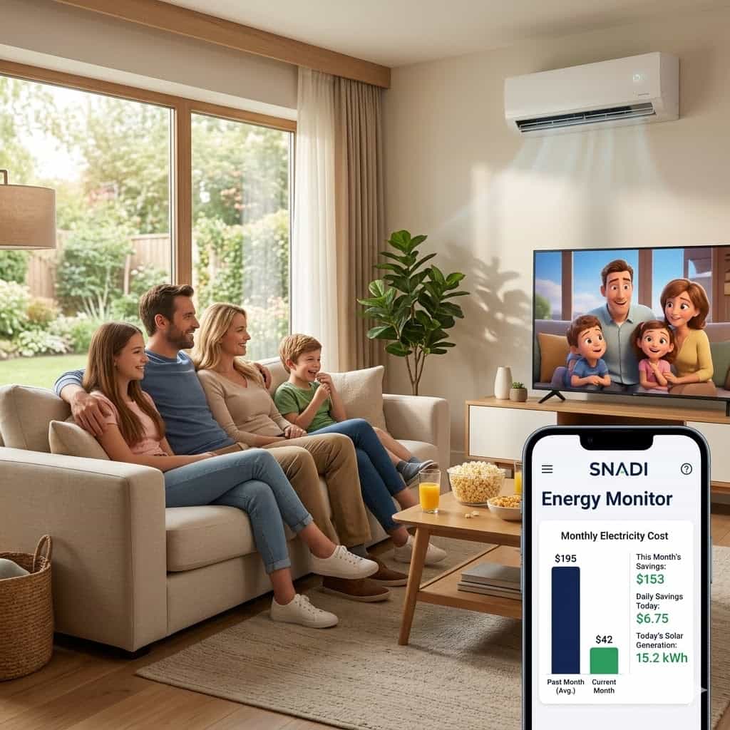Una familia estadounidense feliz se relaja en una sala de estar moderna mientras el teléfono inteligente en primer plano muestra la aplicación SNADI Energy Monitor que muestra importantes ahorros en costos de electricidad gracias a las soluciones solares residenciales.