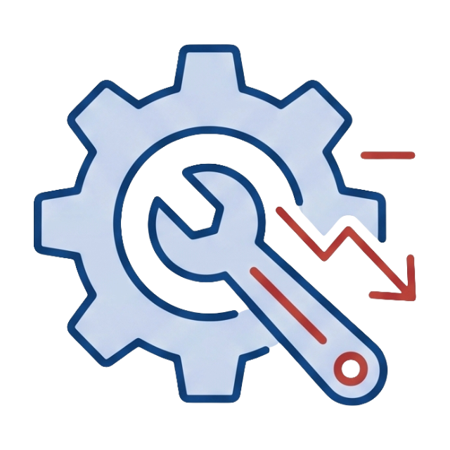 رمز الترس ومفتاح الربط مع سهم أحمر لأسفل، يرمز إلى عبء الصيانة المرتفع وعدم كفاءة أنظمة الطاقة القديمة القديمة.