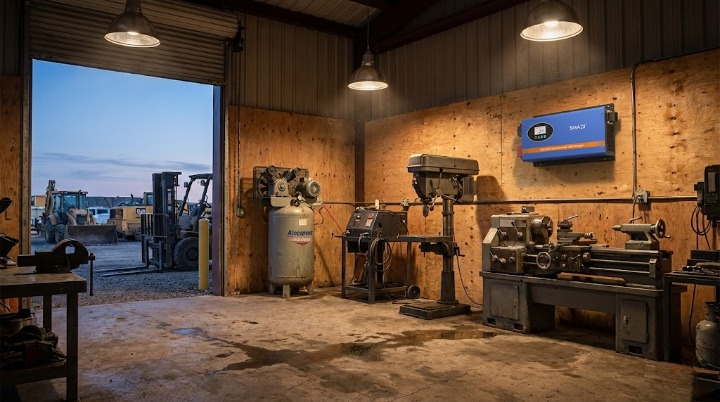 Inversor de onda sinusoidal pura de baja frecuencia de la serie SNADI FT instalado en un taller profesional, que muestra una gran durabilidad para manejar cargas inductivas de alta sobretensión de herramientas industriales.