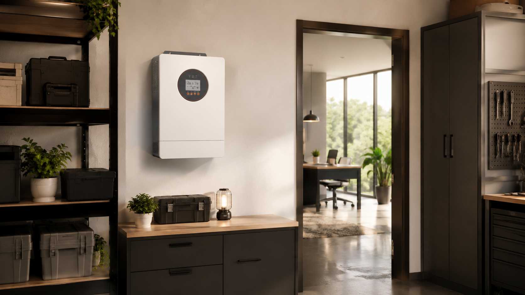 SNADI 8–12kW hybrid solar inverter installed in a modern residential and small commercial utility space