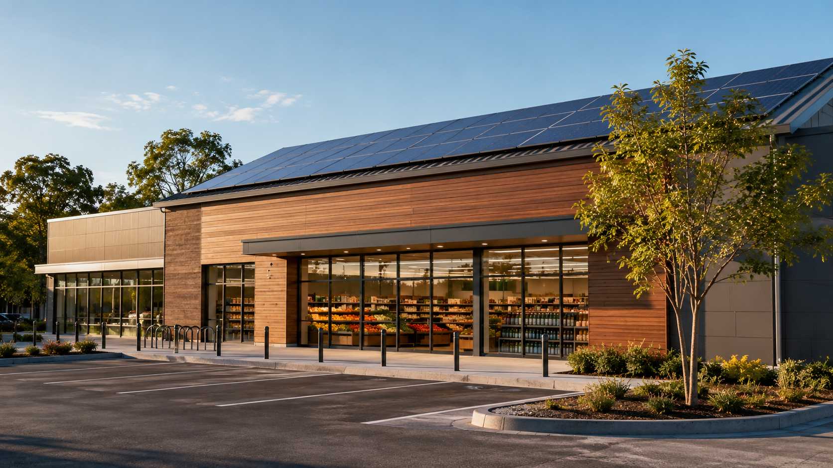 Small supermarket with rooftop solar panels for a 15–30kW commercial solar inverter application