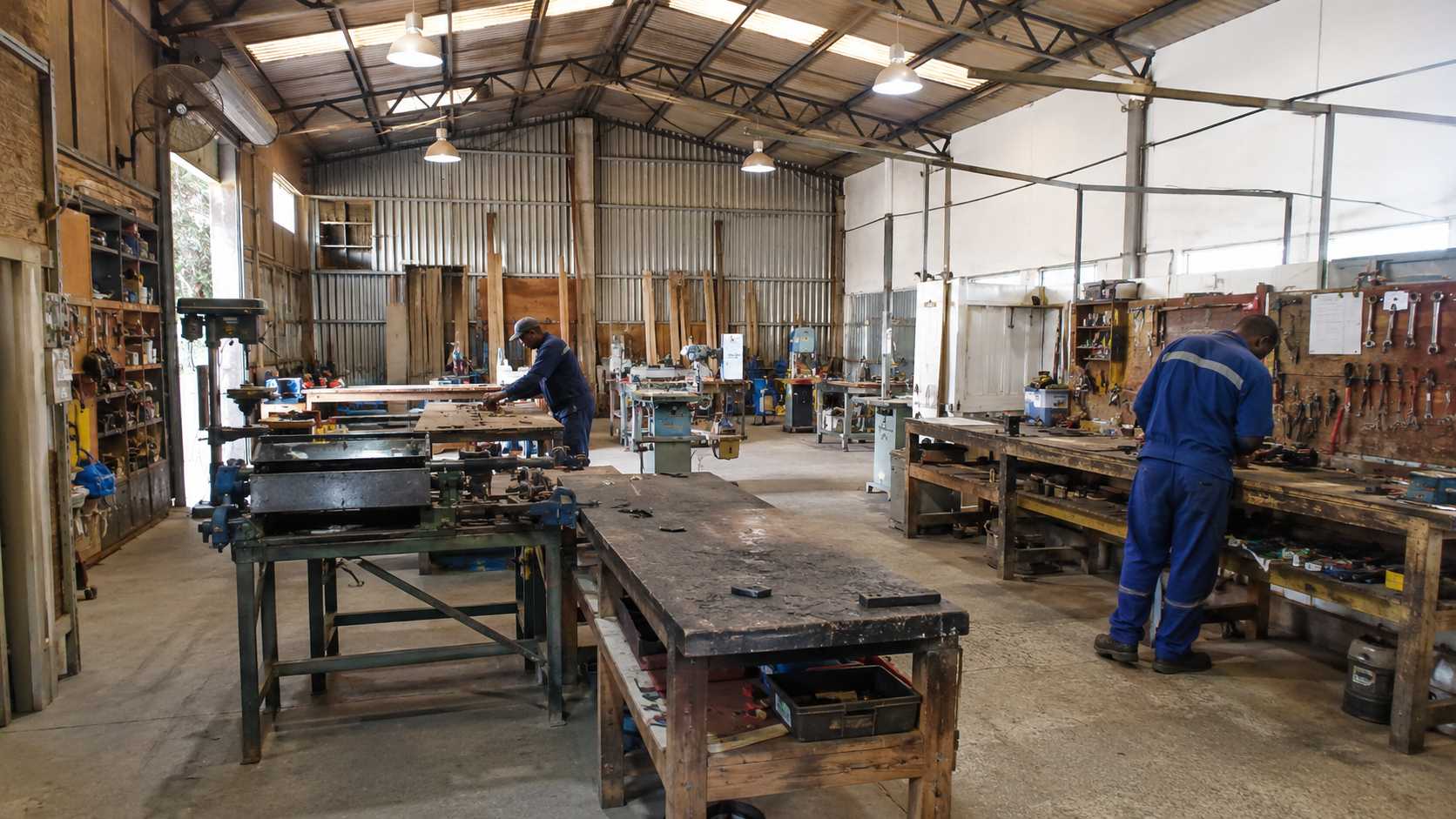 Off grid solar system application for workshops and small industry with tools machinery and workspace