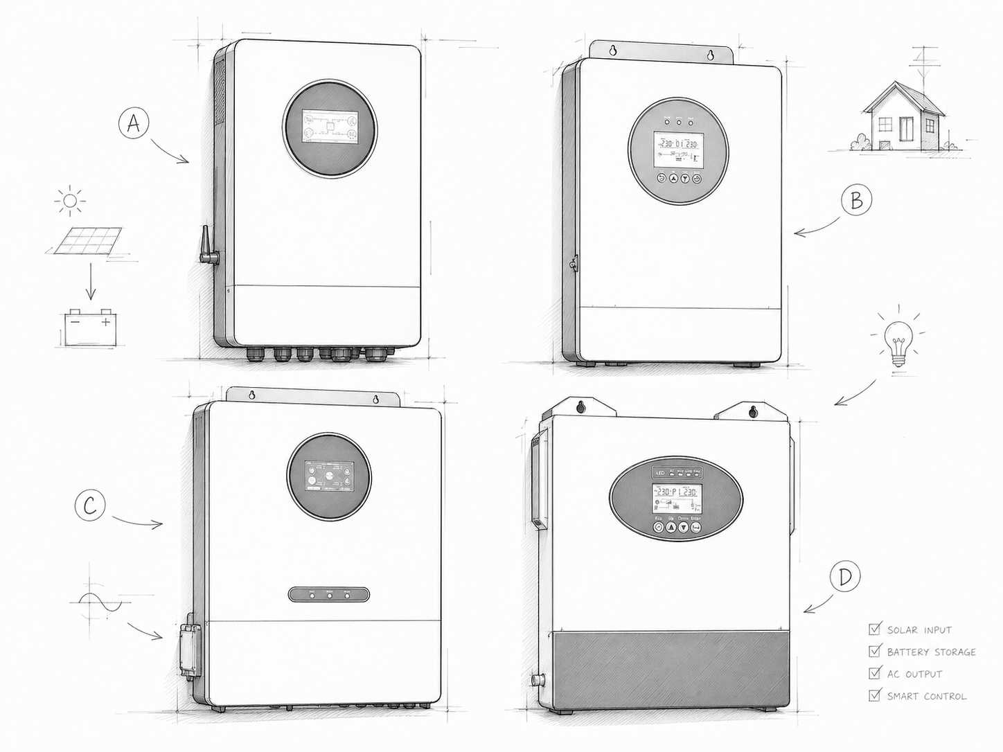رسم المواصفات الفنية لأربعة محولات طاقة شمسية هجينة لحلول تخزين الطاقة السكنية المخصصة، توضح مدخلات الطاقة الشمسية، وتخزين البطارية، ومخرجات التيار المتردد، وميزات التحكم الذكية، وأمثلة للتكامل المنزلي.